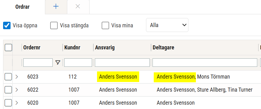 Deltagare visas i deltagarkolumnen