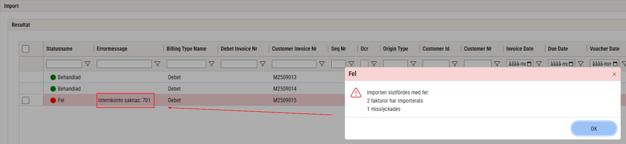 Import connect felmeddelande