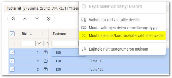 Lisäalennus valikko