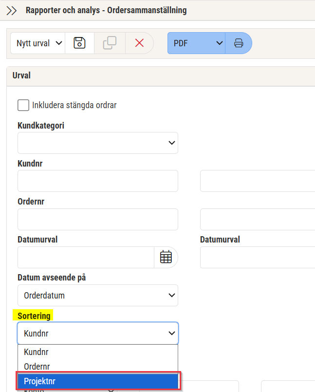 Sortering projektnummer