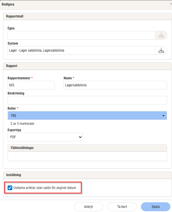 Undanta artiklar utan saldo