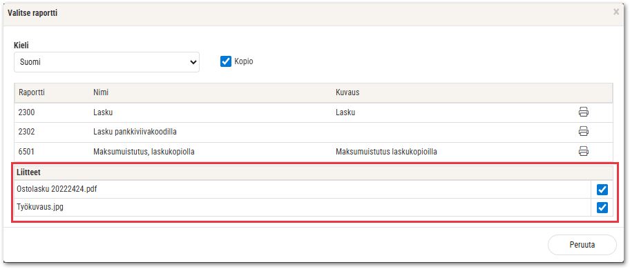 Raportit valitse liitteet
