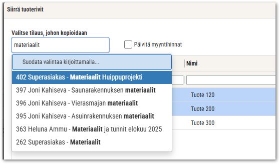 Tilausrivien siirto
